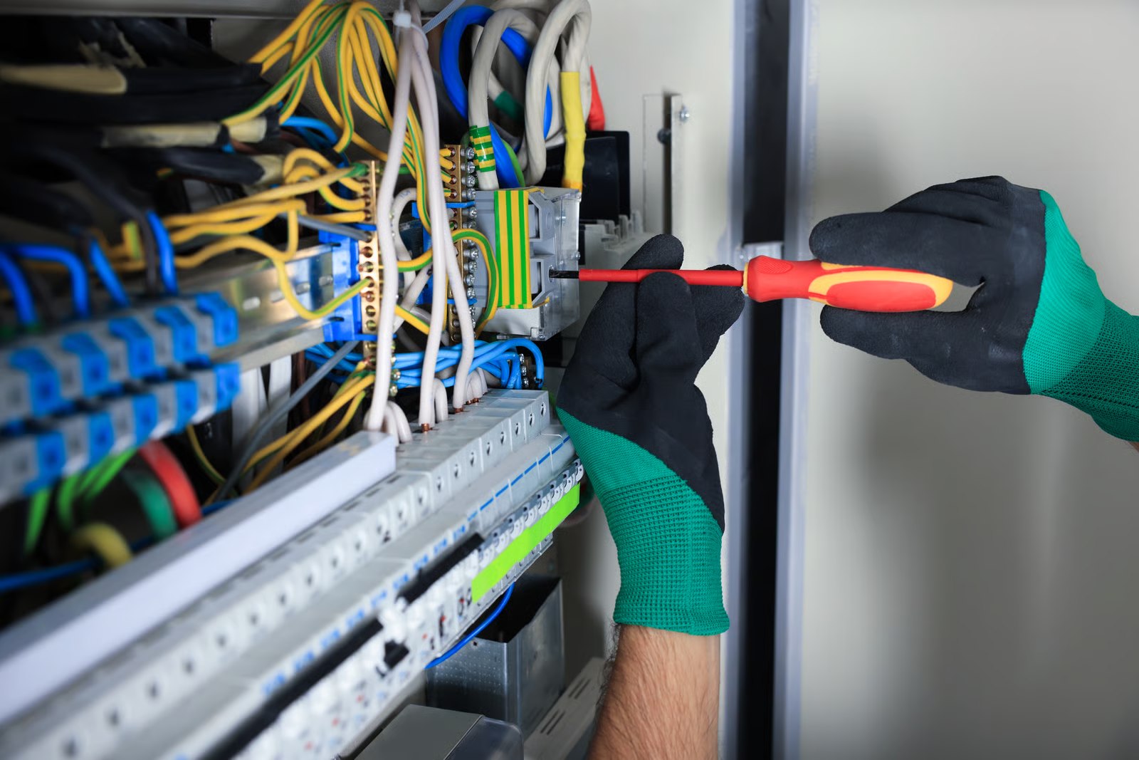 Electrician working on wiring inside an electrical box